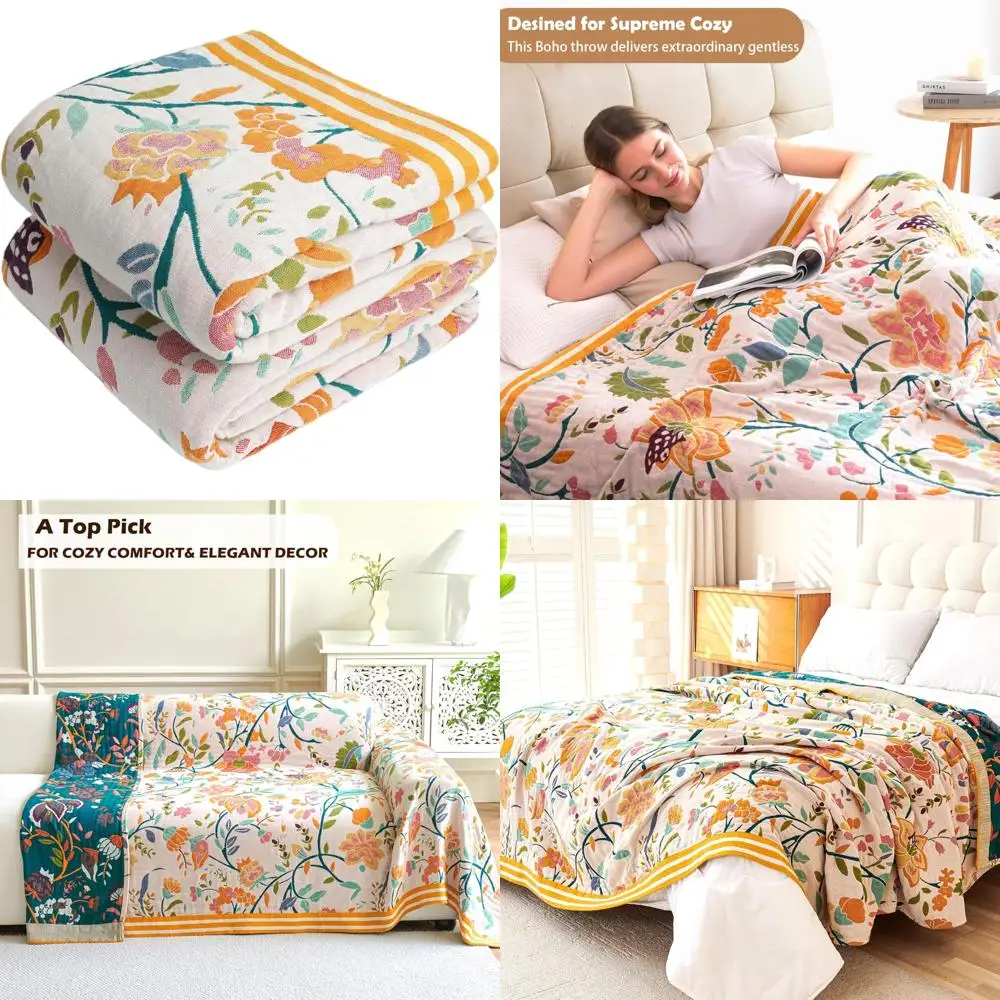 

Organic Cotton Bohemian Throw Blanket, Ultra Soft Breathable 91x98, All-Season Floral Design for Rustic Farmhouse Style
