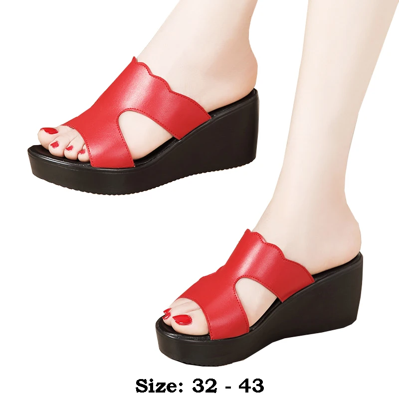 

High quality summer leather wedge sandals for women 6cm 11cm high heel 2025 size 32 33 43 platform open toe elegant shoe black