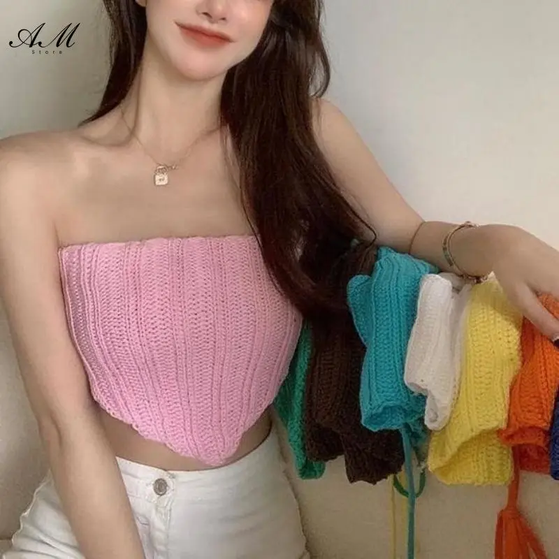 Korean Sexy Knitted Sweater Cropped Tops Summer Fashion Women Strapless Backless Camis Tank Tops Women Y2k Accessories Mesh Top