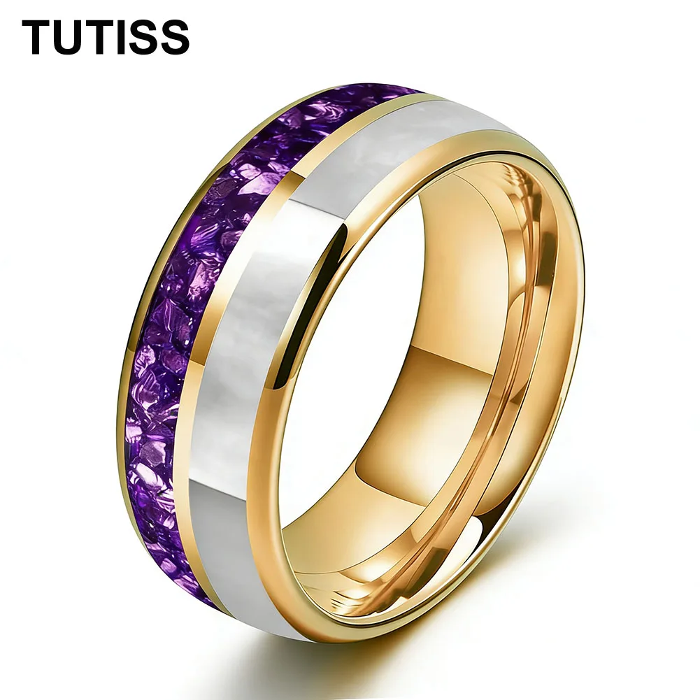 

TUTISS 6/8mm Tungsten ring Dome Double Groove Inlaid With Purple Crystal Stone And Mother Of Pearl Shell For A Comfortable Fit