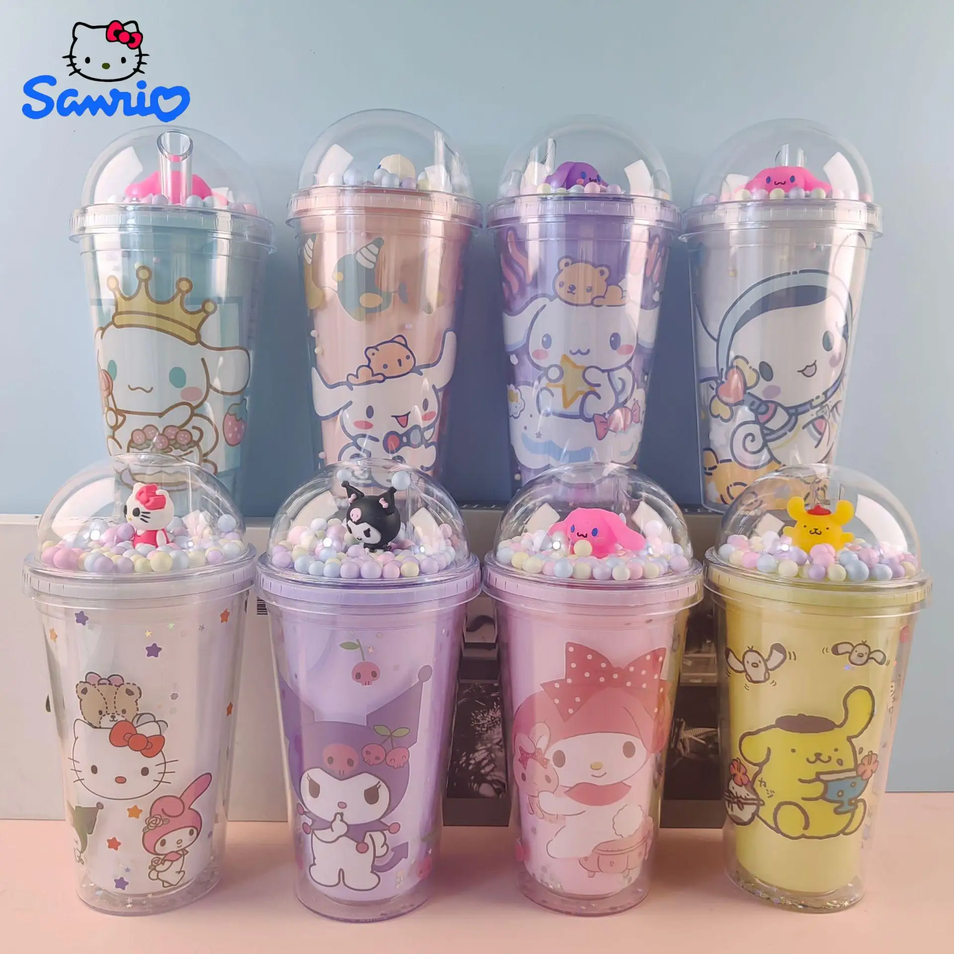 Sanrio New Anime Straw Mug Hello Kitty Cinnamoroll Melod Kuromi Double Plastic Mug Portable Sports Mug Straw Mug Gift for Girls