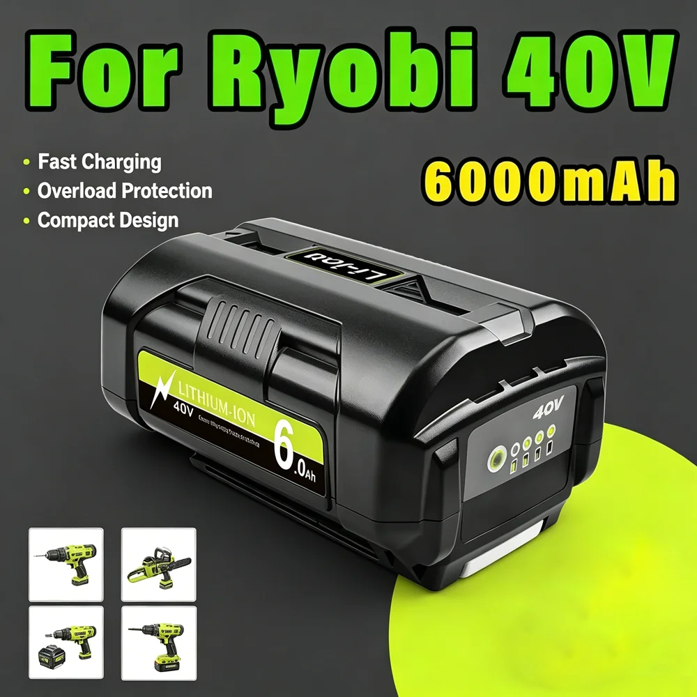 40V 6.0Ah Li-ion Rechargeable Battery Ryobi OP4050 OP4026 OP40401 Fit RY40502 RY40200 Cordless Power Tools Replacement Battery