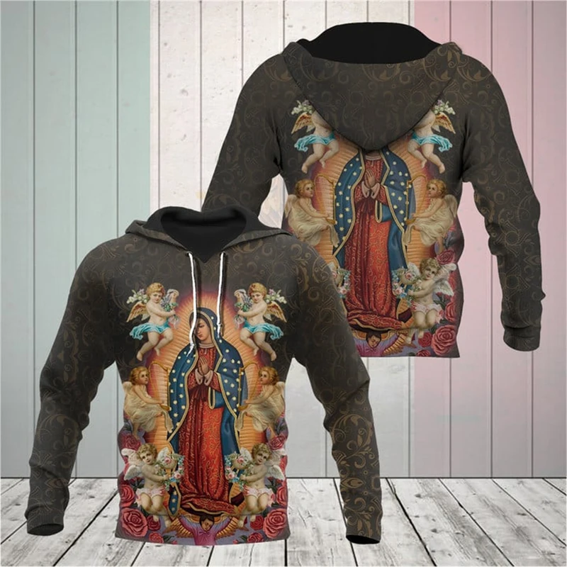 2024 Spring And Autumn New Men\'s Fashion 3D Jesus Madonna Print Hooded Sweatshirt Hoodie Loose Casual Daily Street Top Pullovers