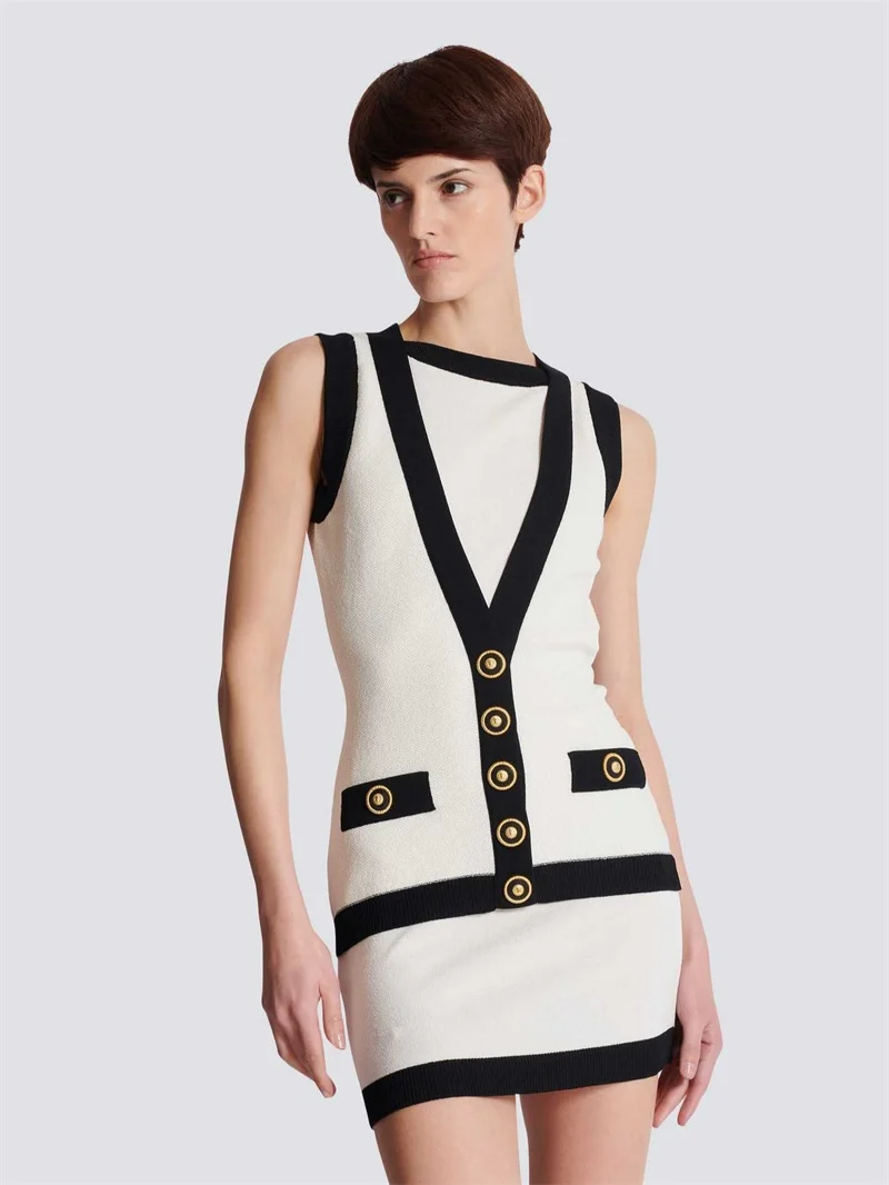 O-Neck Stripe Women's Prom Dress With Buttons Zipper Sleeveless Party Gown White Sheath Slim Evening Skirt New Arrival In Stock