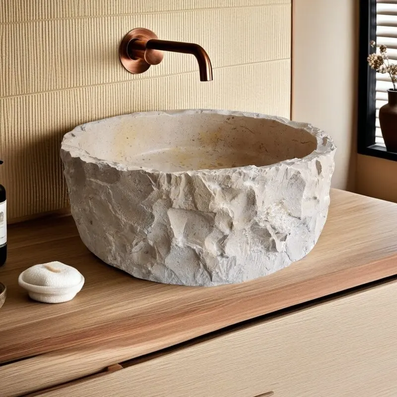 Light beige lime stone platform basin stone wash basin cylinder outer natural surface retro