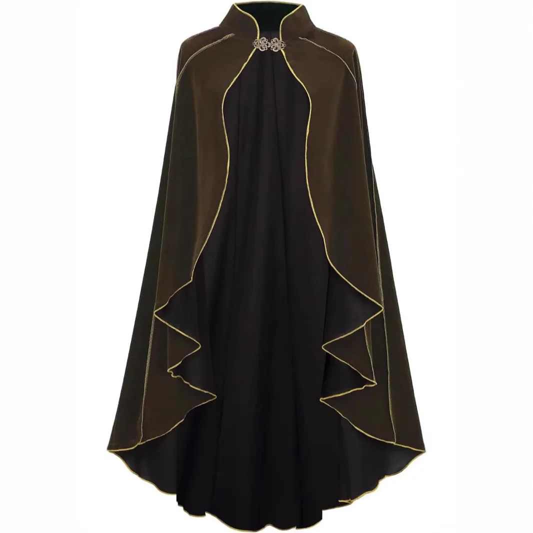 

Vintage Medieval Cloak Suede Fabric Gold Edge Halloween Cape Cosplay Stage Costume