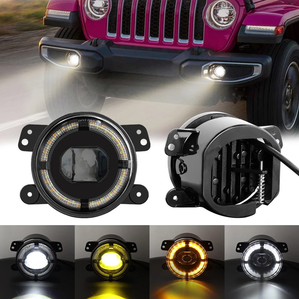 4 Inch LED Fog Lights with White Halo Ring Front Bumper Replacement Light Waterproof for Jeep Wrangler JK 2 Door 2007-2015