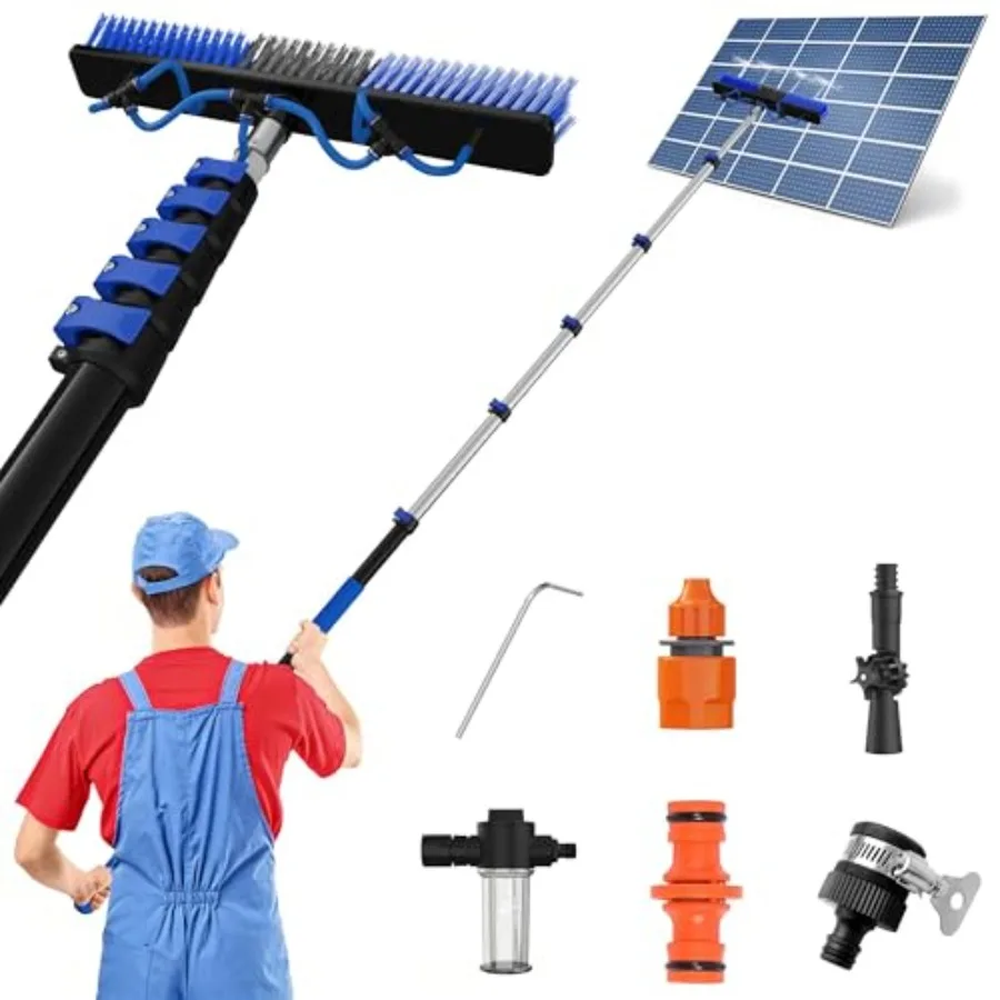 

Solar Panel Cleaning Brush Kit 30Ft Reach with 5-24ft Telescoping Pole in Black and Silver - Dual Action Flip-Lock Screw Fixing