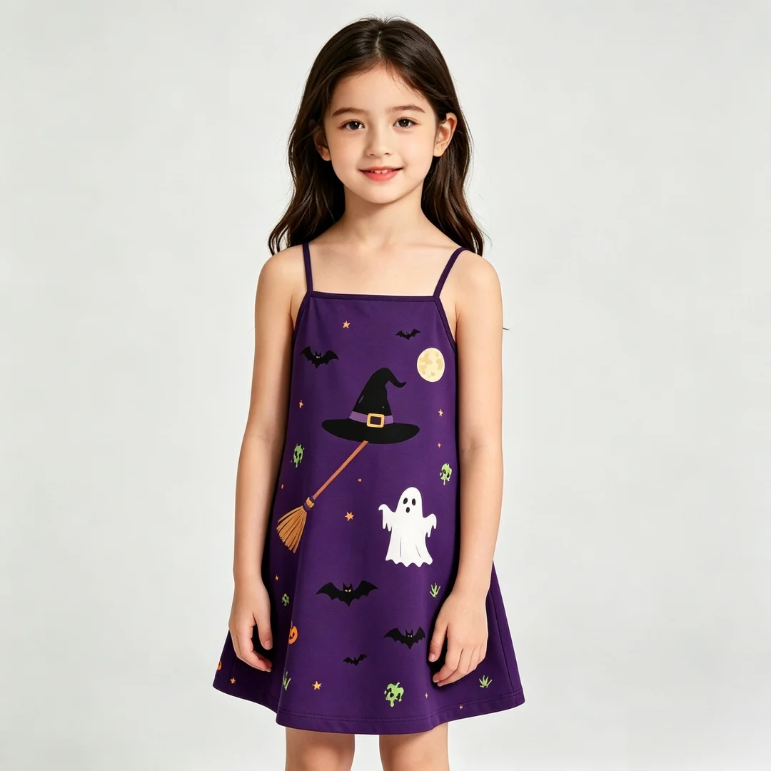 2026 Summer Girls Thin Strap ALine Dress Halloween Pumpkin Ghost Bat Spider Web Print Casual Outfit for Holiday Party Daily Wear