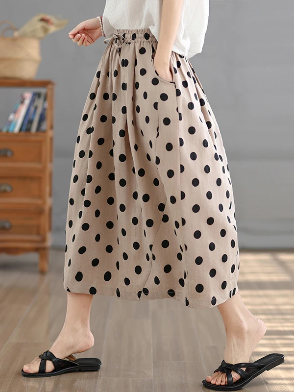 

Ретро-юбка-шорты из хлопка и льна в горошек, больших размеров, женская, с эластичной талией, повседневная, универсальная, летняя, приталенная, А-силуэт