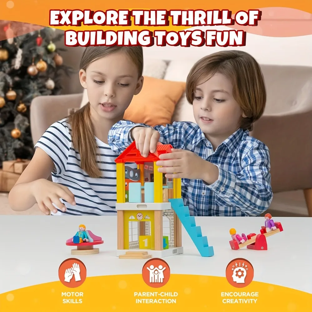 Wooden Dollhouse Furniture Set Outdoor Miniature Doll House School Accessories with Seesaw Pretend Play Toys Birthday Gift