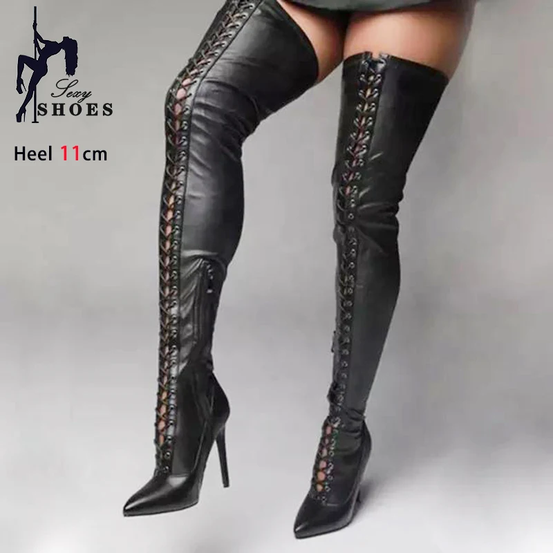 Black Leather Over The Knee High Boots 11CM Stiletto Heels Women Pointed Toe Stripper Shoes Elastic Thigh Boots Plus Size 34-43