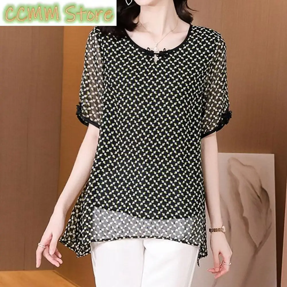 

Casual Fashion Vintage Printing Chiffon Shirt Summer New O-Neck Short Sleeve Retro Loose Pullovers Blouse Women's Clothing