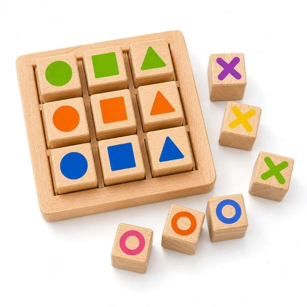 Portable Wooden Tic Tac Toe Two Player Wooden Traditional XO Chess Set Interactive Design Handcrafted Finish Logical Thinking
