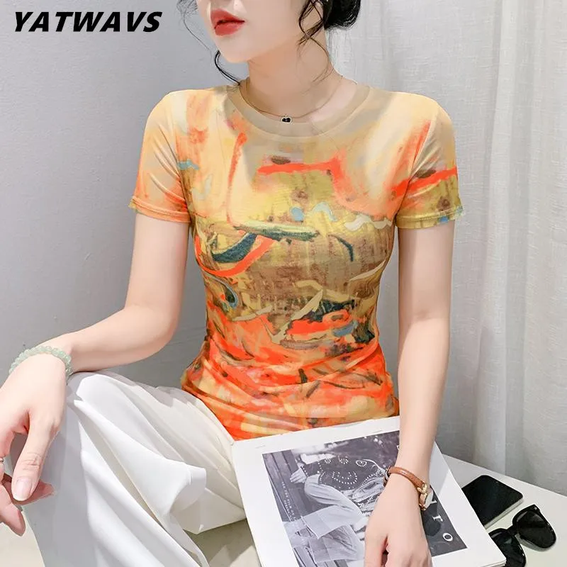 

New Summer Thin T-shirt Women's Fashion Vintage Printing O-Neck Mesh Tees Sweet Female Stretch Slim Tops Shirts Blusas