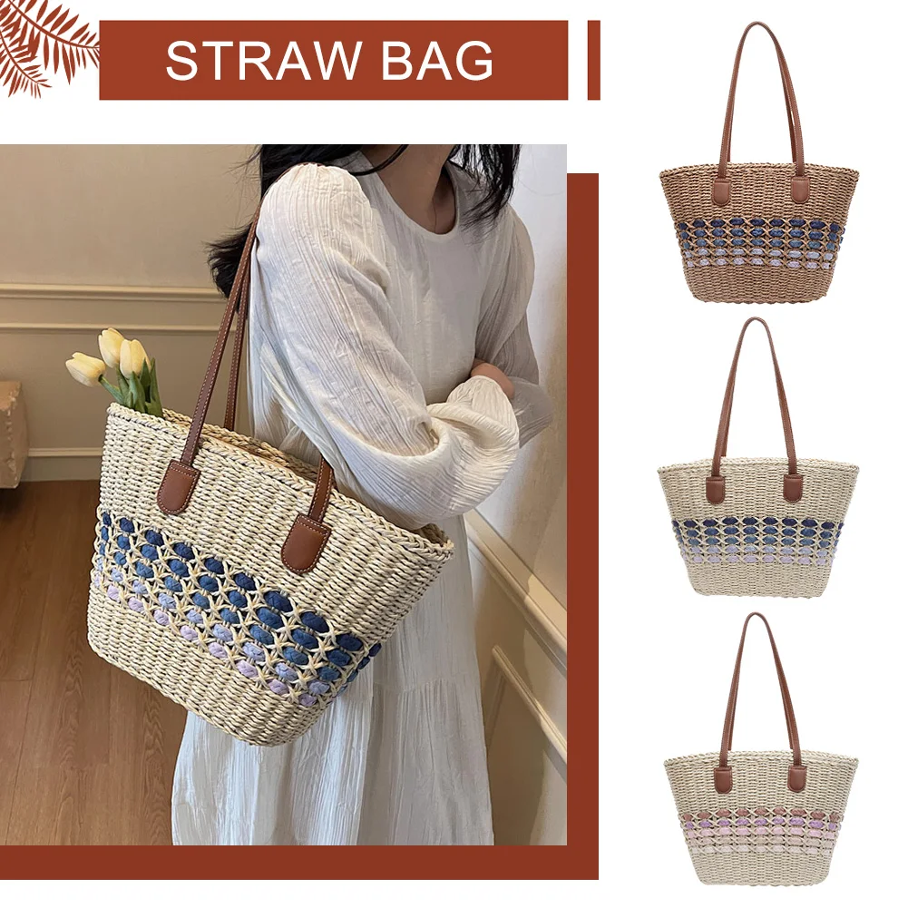 

Women Woven Straw Large Tote Bag Zipper Closure Satchel Bag Summer Trendy Handbag for Beach Travel