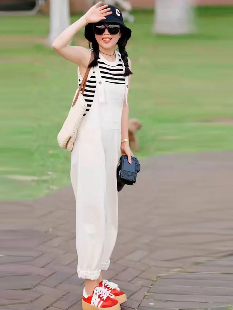 

Легкие джинсовые комбинезоны для похудения, женские летние новые свободные повседневные джинсы в стиле Харадзюку с высокой талией, хлопковые, с декором