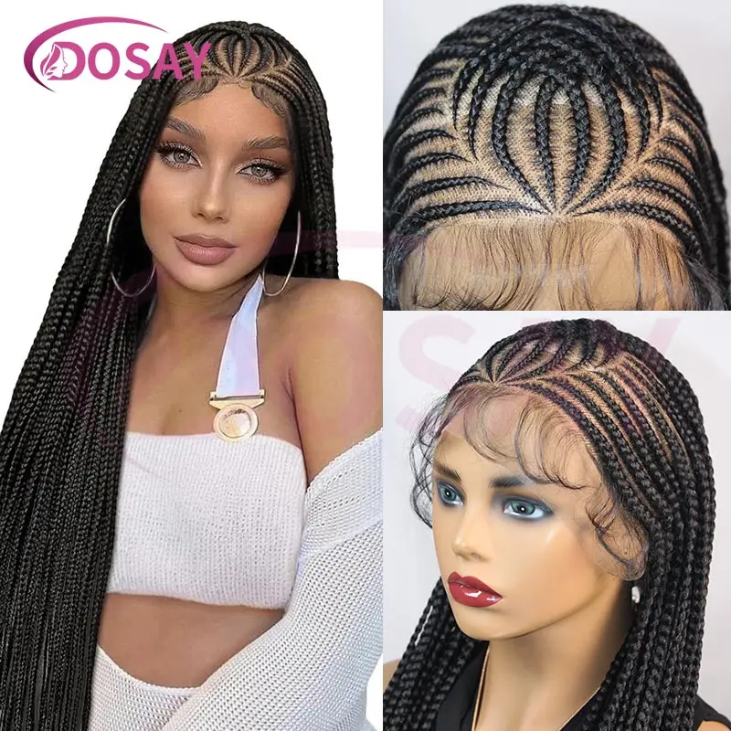 Pelucas trenzadas de encaje sintético de 36 pulgadas para mujeres negras, trenzas en caja sin nudos, peluca Frontal de encaje, peluca trenzada Cornrow, pelucas de imitación