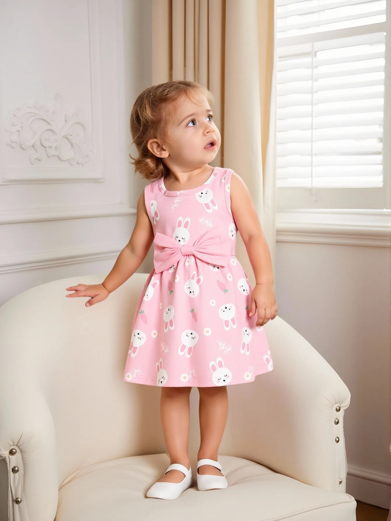 Sommerkleid für Babys mit kleinem Hasenmuster, rosa Schleife, süßes ärmelloses Kleid, modisches Freizeitkleid für Babys