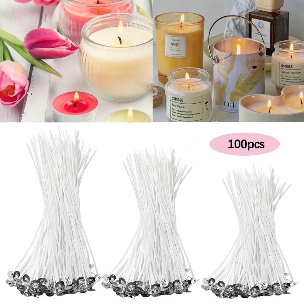 100 stücke rauchfreie Kerzen dochte 2,6-20cm vor gewachste Baumwoll kern dochte mit Metall-Sustainer-Tabs DIY hand gefertigte Kerzen herstellungs werkzeuge