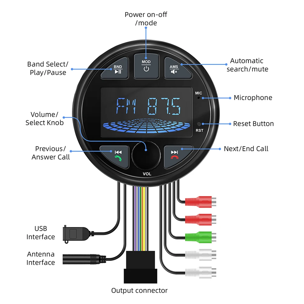 Pemutar MP3 Bulat dengan Layar LCD, Penerima Boat AM FM 4x50W DC 12V IPX6 Tahan Air, Pemutar Audio Media untuk Kapal Pesiar ATV UTV RV