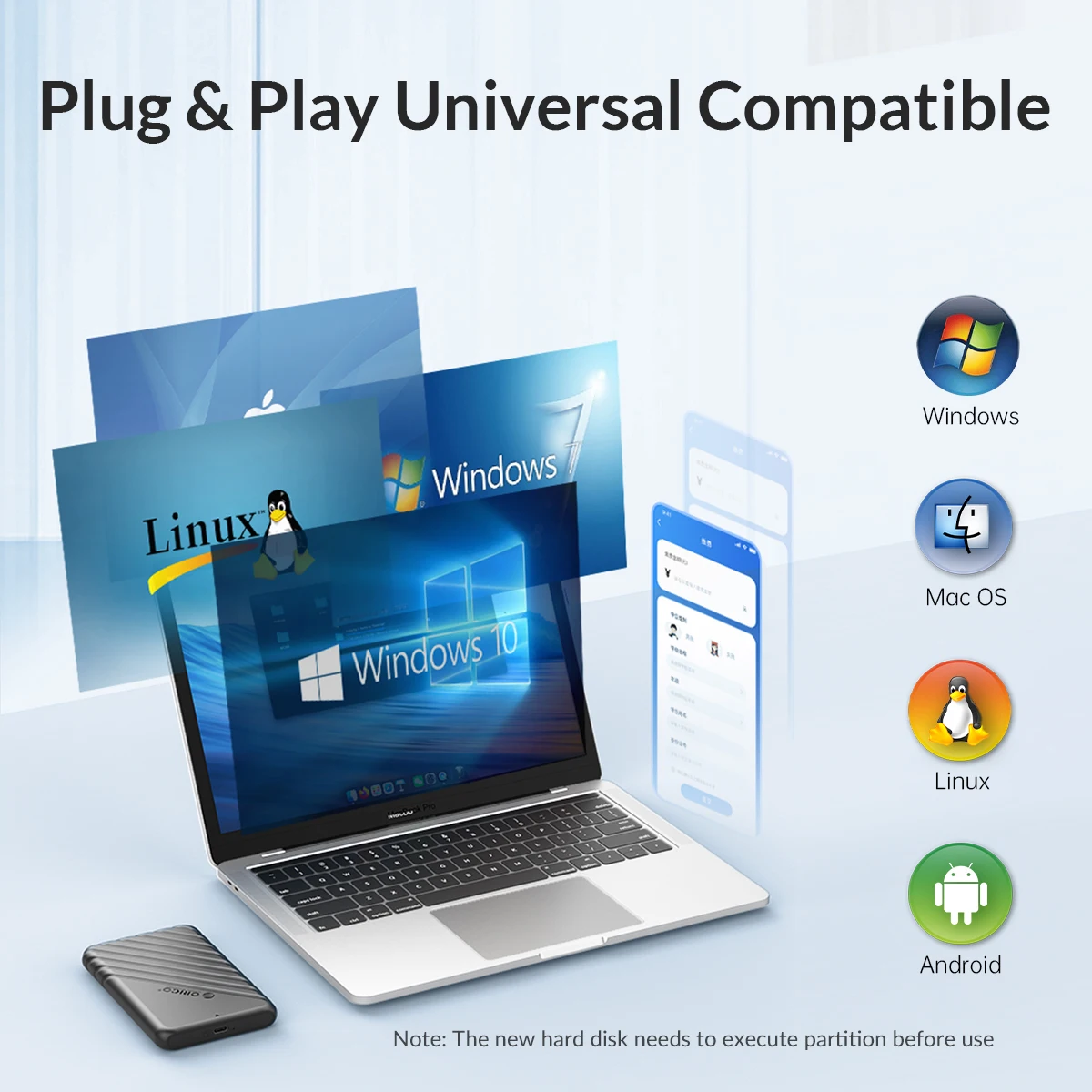 ORICO 2,5-Zoll-Festplattengehäuse USB Typ-C SATA 5Gbps für SSD HDD 9,5 7mm Externes Festplattengehäuse für PC – Detail 11