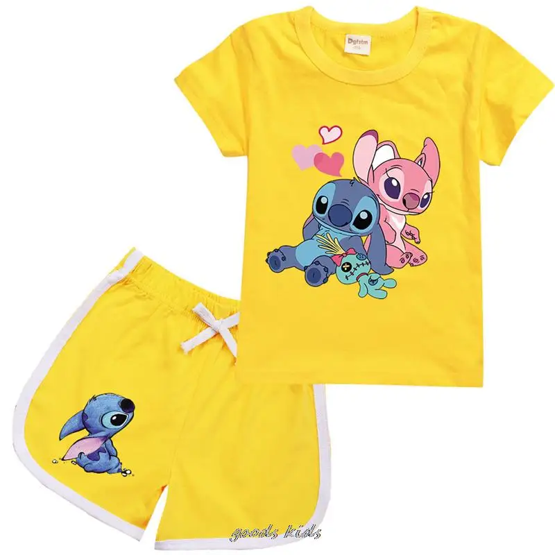 Lilo And Stitch Children T-shirt Summer New Kids Girls Clothing of Cotton Children\'s Short-sleeved Pants Two-piece Suit 2-16Y