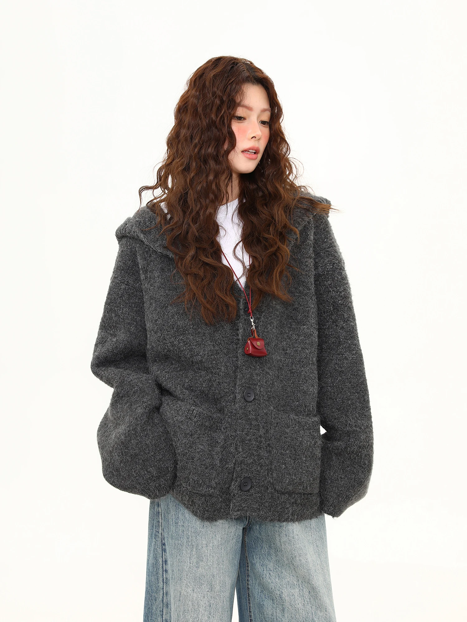 

Wild American Sle Thiened ey Sweater Women's Autumn Winter Lazy Knitted Outerwear Street Sle Loose Fit Long Sve