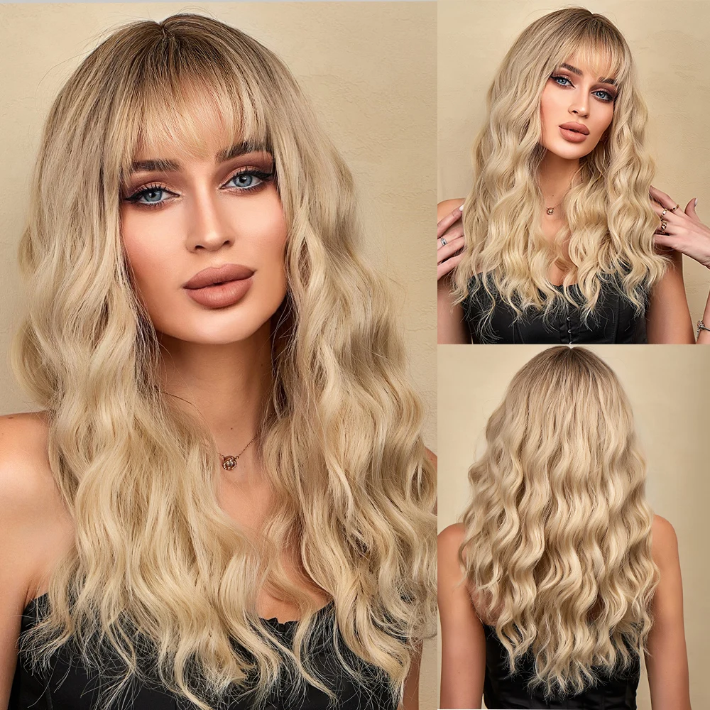 Emmor Synthetic Ombre brown to Light Blonde Hair Wig with Bangs Natural Wavy Wig for Women Cosplay Heat Resistant Fiber Wigs