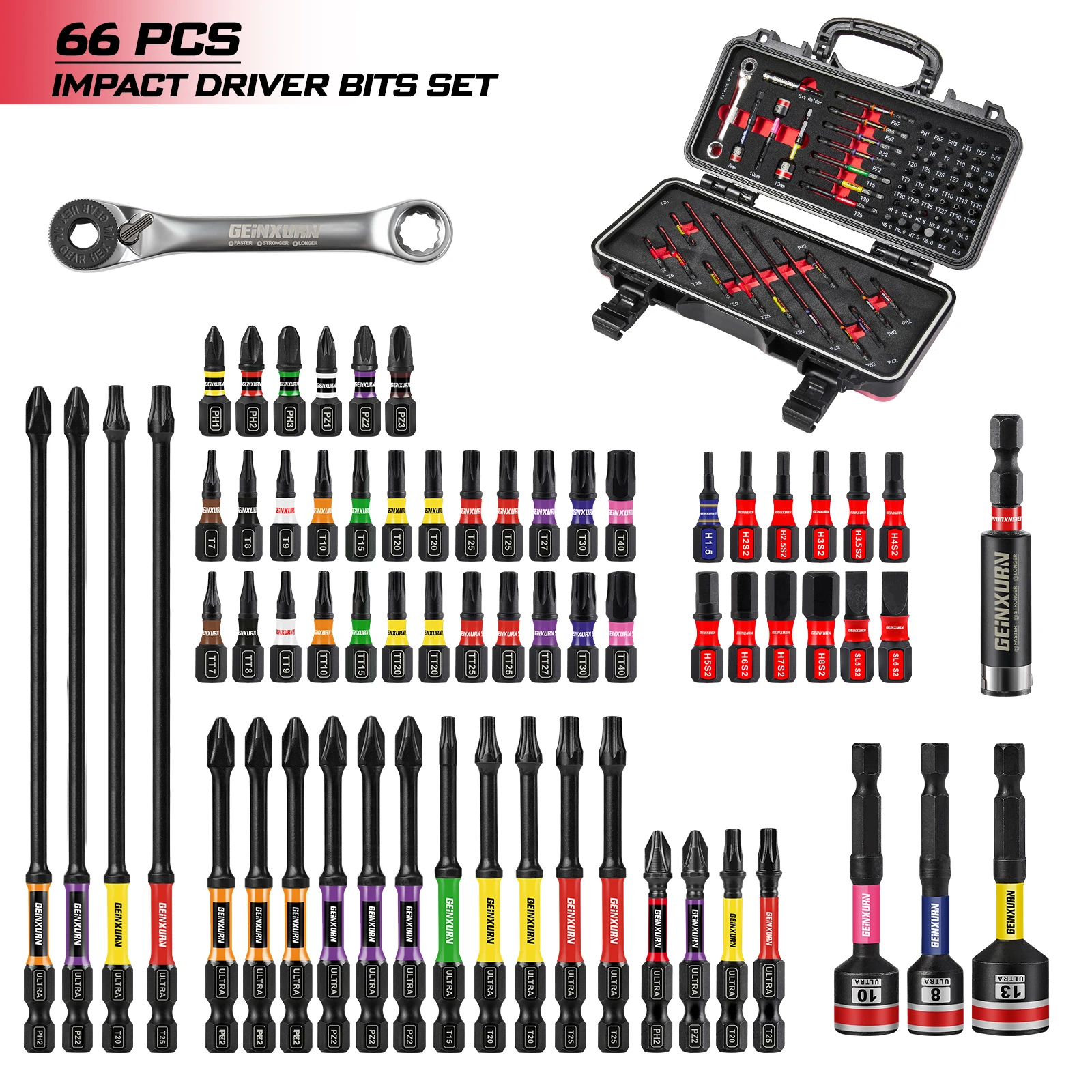 GEINXURN 66Pcs Heavy Duty Impact Wrench Kit, S2 Steel ,1/4