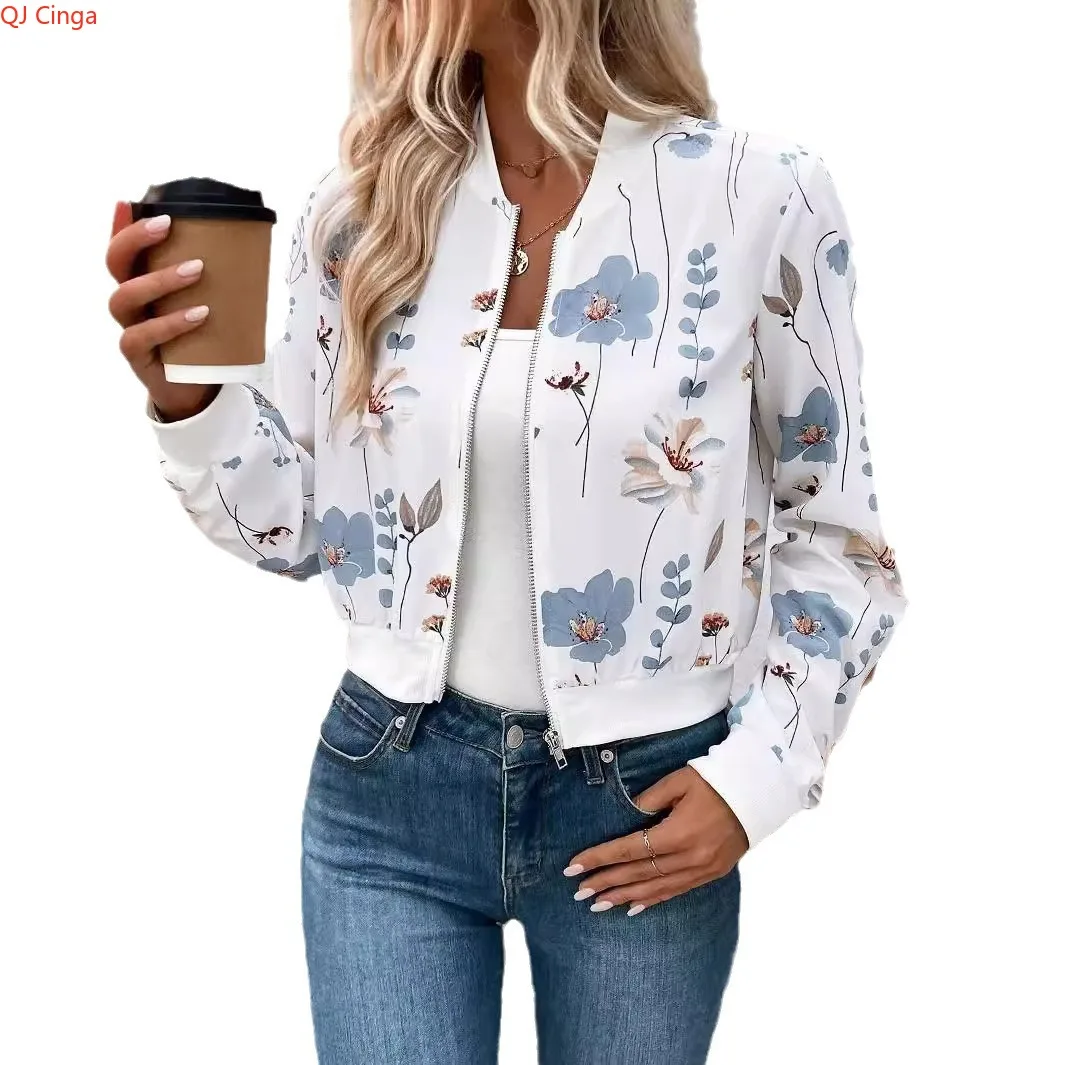 

New Fall Women's White Long-Sleeve Printed Jacket, Baseball Collar Casual Outerwear, European Sizes S-XXL.