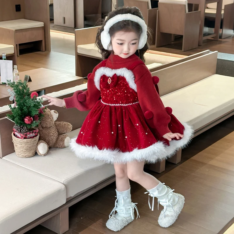 

New Year Christmas Toddler Kids Girls Red Dress Plush Ruffle Velvet A-line Party Dresses+Sweater BottomXmas Costumes Age 2 To 9Y