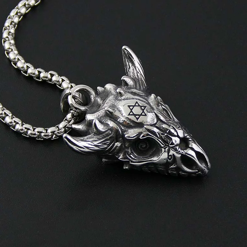 Retro Flying Dragon Skull Six Pointed Star Pendant Necklaces For Men Punk Biker Skull Necklace Stainless Steel Jewelry Gift