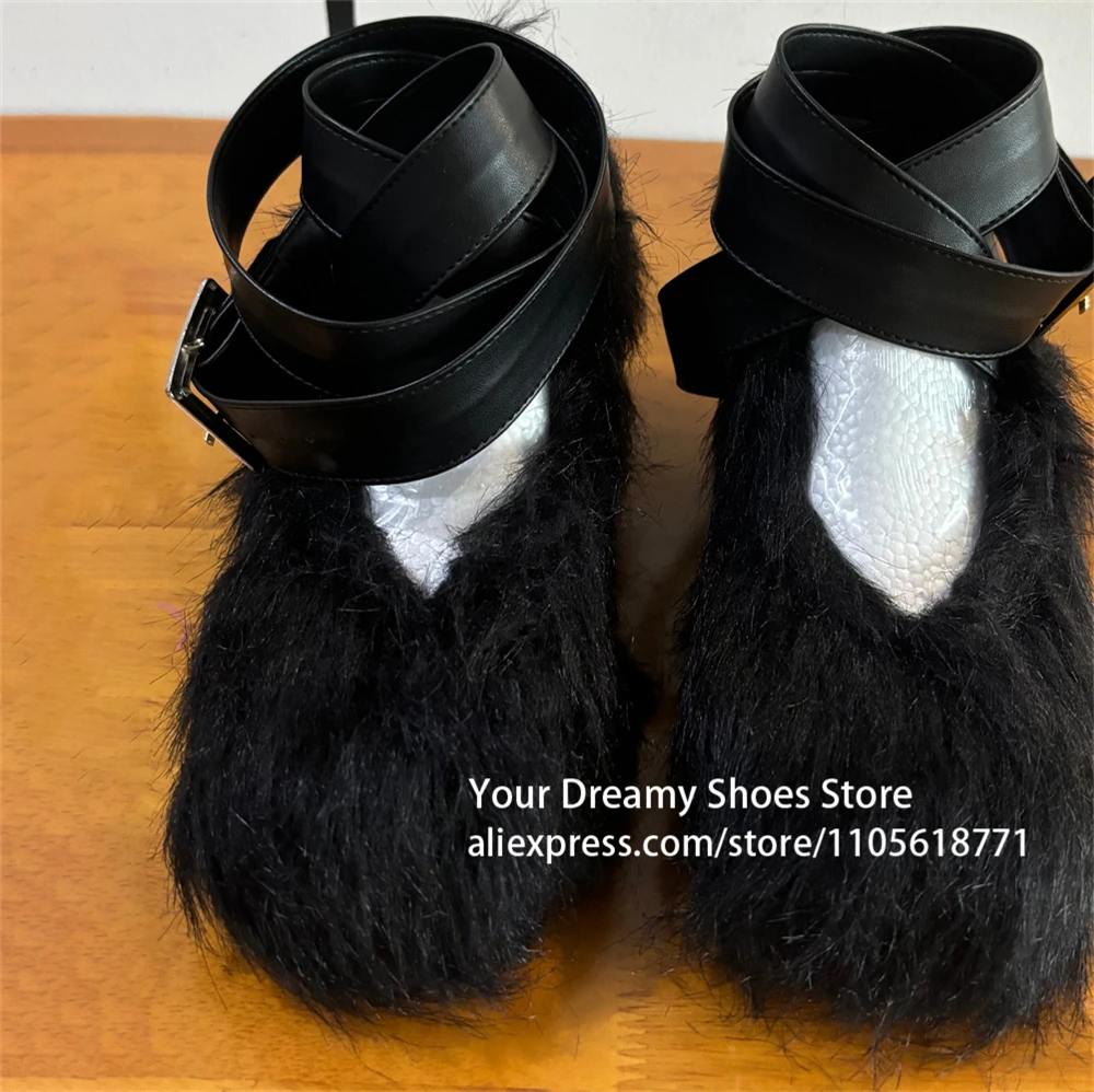 Black Long Pile Faux Fur Upper Flats Wide Wrap Around Leather Ankle Strap with Buckle Cozy Winter Fur Flats  Daily Outfit Shoes