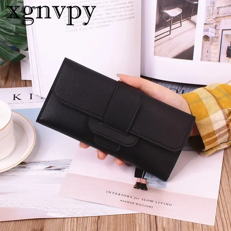 xgnvpy PU Leather Women Wallets Luxury Long Hasp Fold Over Pattern Coin Purses Feminine Solid Color Brand New Thin Clutch Bag