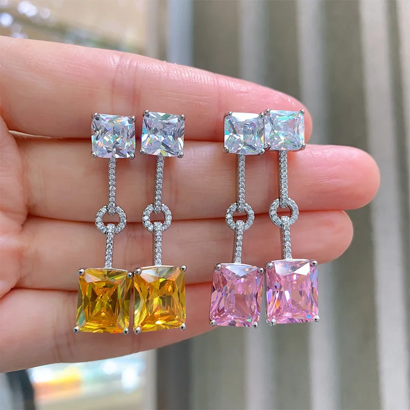 

Pink Crystal Tassel Pendant Luxurious Topaz Earrings Women's 925 Sterling Silver Luxury Fashion Vintage Jewelry Gift for Mom