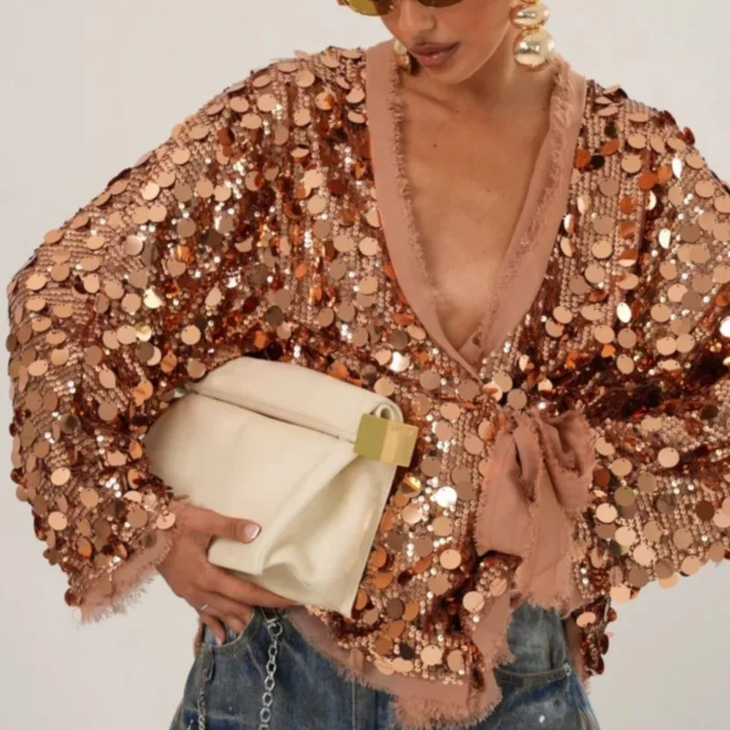 Women Sequin Long Sleeve Loose Jacket New Autumn Winter Lady Sexy V Neck Lace Up Club Coat Fashion High Street Patchwork Outwear