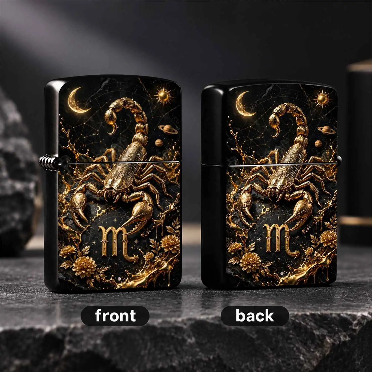 Exquisite Scorpio Zodiac Themed Lighter, Luxurious Black Gold Astrology Ornament With Golden Scorpion, Crescent Moon, Planets And Details, Creative Chic Zodiac Peripheral, Suitable For All Daily Scenarios, Exclusive Personalized Practical P