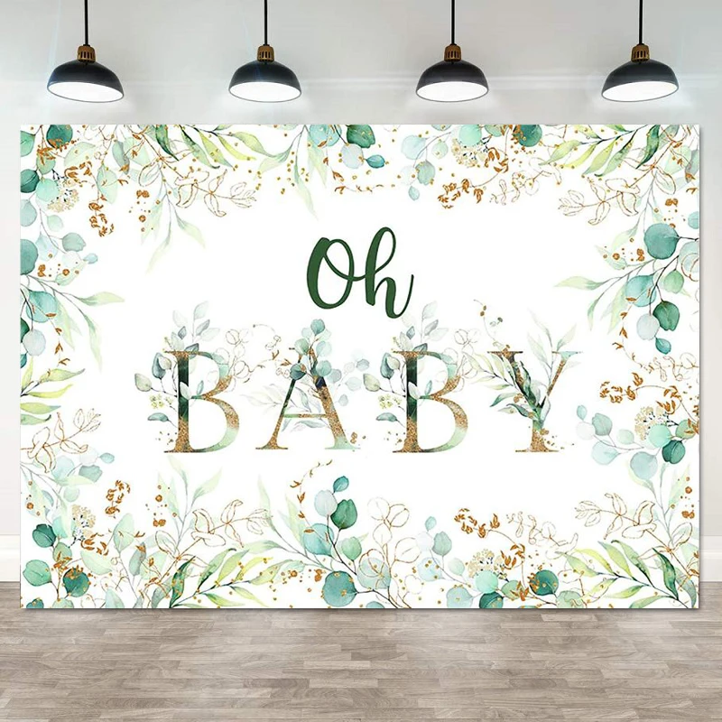 Photography Backdrop Oh Baby For Baby Shower Decoration Background Gold Eucalyptus Greenery Leaves Gender Neutral Birthday Party