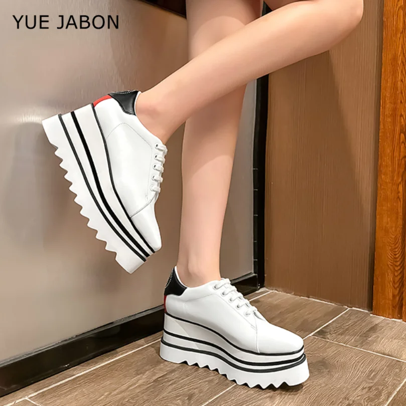 Punk Style Women Shoes Lace-up 8CM heel Platform Shoes Mixed Color Sole Real Leather Woman Casual shoes comfort designer shoes