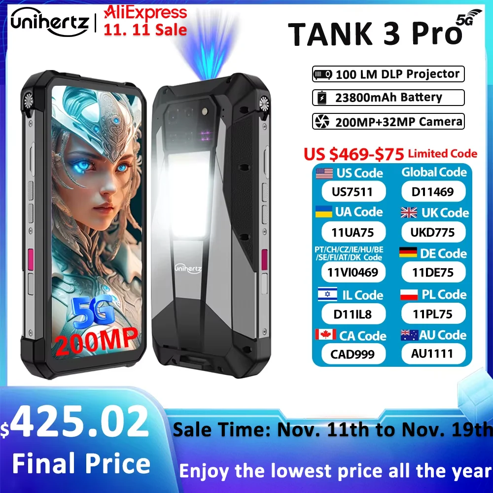 Unihertz Tank 3 Pro 8849、100 ルーメン 120Hz プロジェクター、32GB/36GB RAM、512GB ROM、23800mAh 120W 高速充電器、5G、200MP カメラ付き