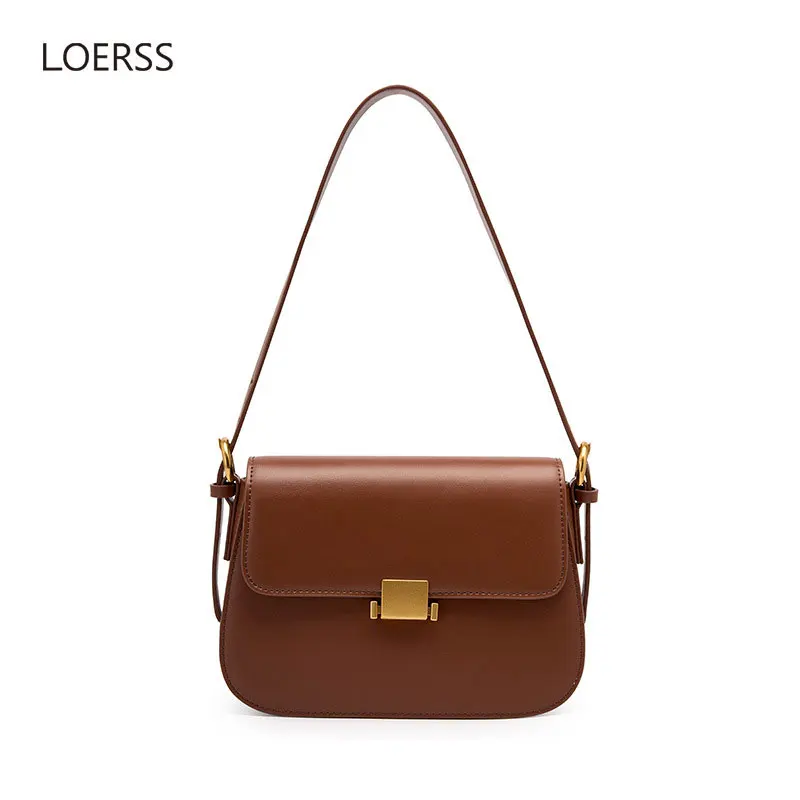 LORESS Saddle Bag for Women Vintage Genuine Leather Shoulder Bags Versatile Casual Underarm Bag Designer Female Square Handbag