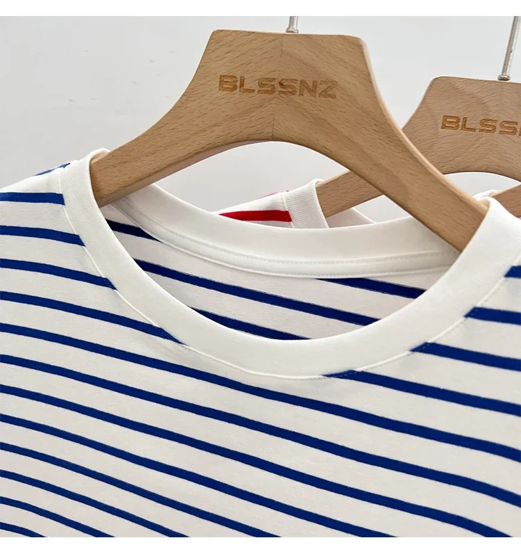 Gestreiftes Kurzarm-Damen-T-Shirt 2026 Sommer Neuheit Baumwolle Lässig Vielseitig Schlanke Passform Modische Oberteile Farbblock-Shirt – Detail 6