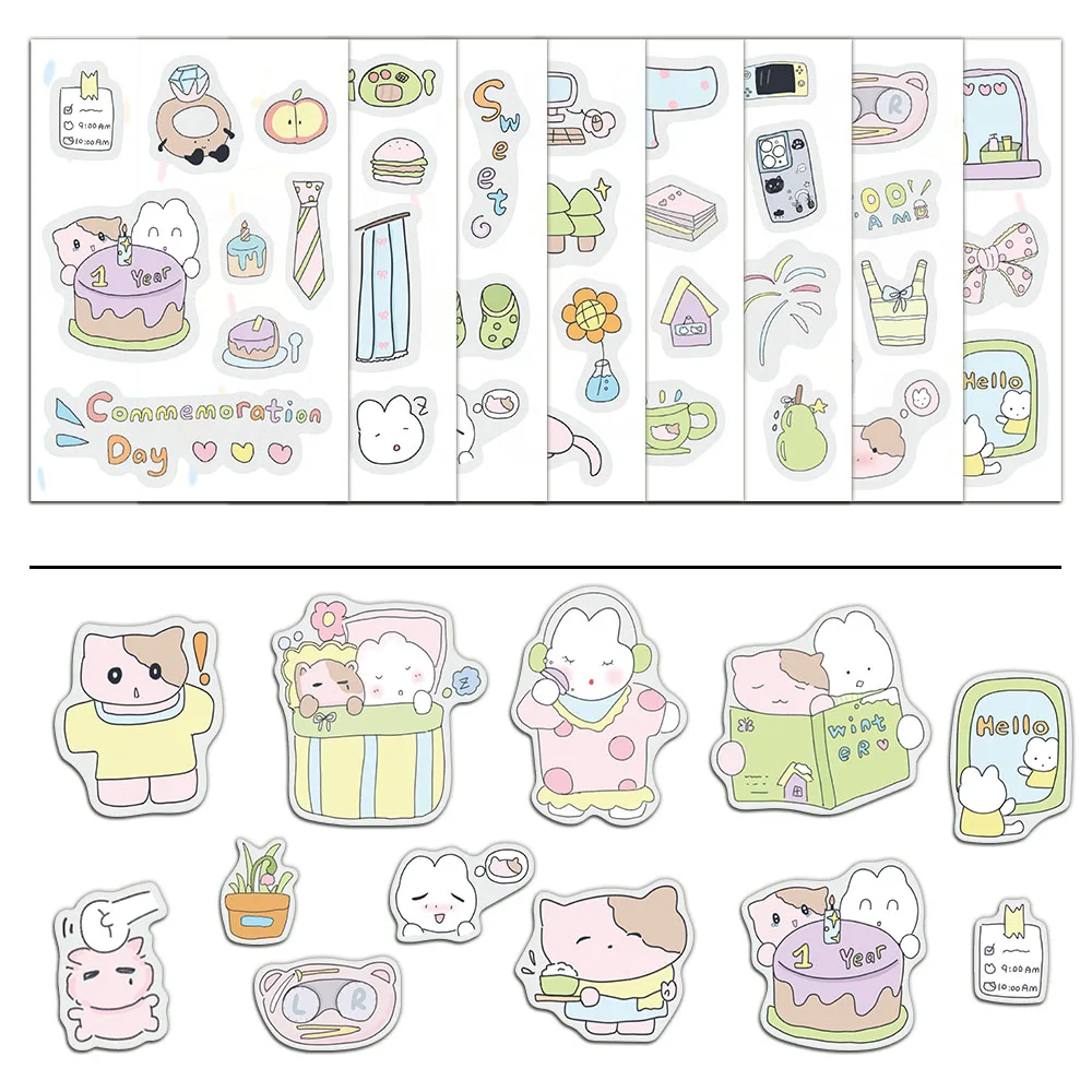 8PCS Cute Korean Cat Rabbit Cartoon Stickers Ins Wind Girl Heart Notebook Account Creative Stickers