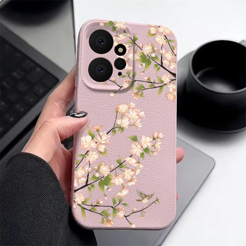 Pink Cherry Blossom Sakura Phone Case For Xiaomi 13T Pro Funda Redmi Note 11 12 14 13 Pro 5G Leather Texture Silicone Cover