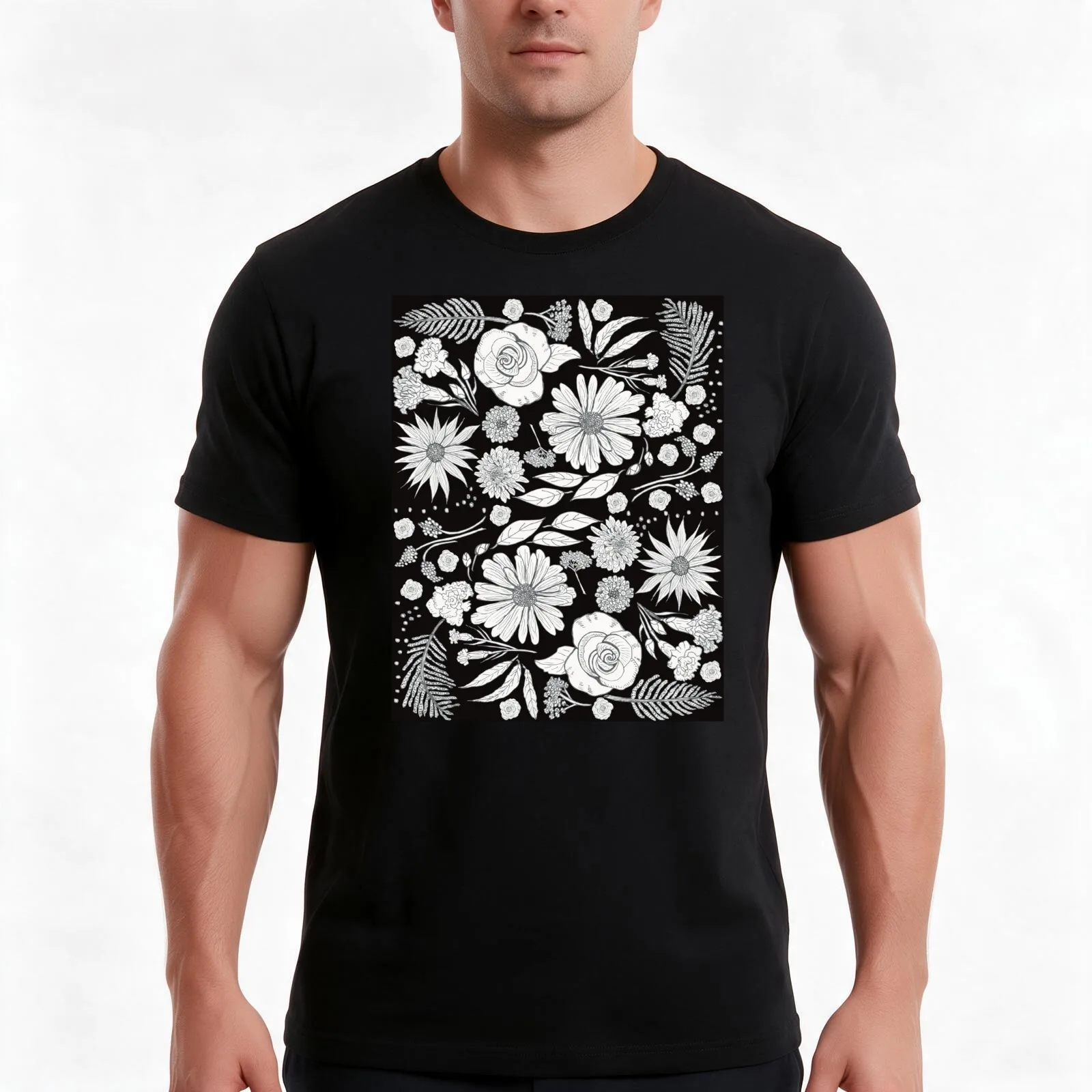 Floral Medley in Bloom White on Black T-Shirt Summer Casual Cotton Tee Oversized Streetwear Tops Vintage Graphic Print