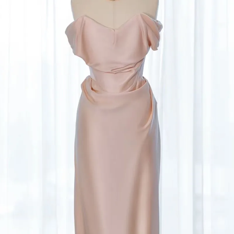 One line shoulder design Hepburn style satin morning gown welcome toasting dress