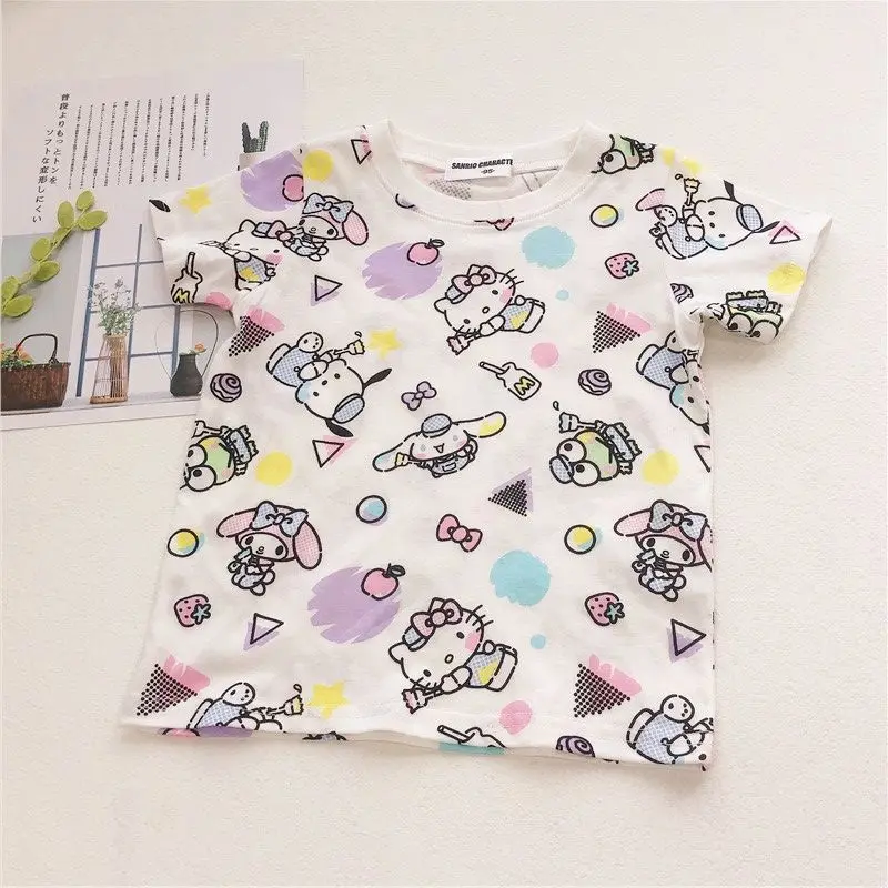 Anime Sanrios Kinderen Met Korte Mouwen Hello Kittys Meisje Cartoon Katoenen T-Shirt Ademende Mode Tops Zomer Dunne Kinderkleding