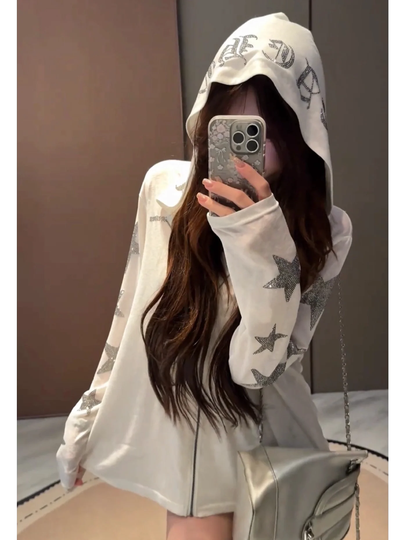 Stars Rhinestone Snowflake Cotton Long Sleeve Hoodie Women's Summer Ultra Beautiful Loose Design Sensation Small Crowd Sunscr...