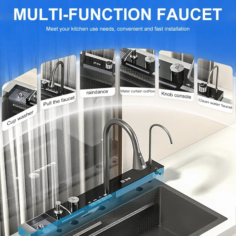 2024 Popular Large Single Slot Multifunction Sink Anti-Scratch LED Digital Display Waterfall Kitchen Sink